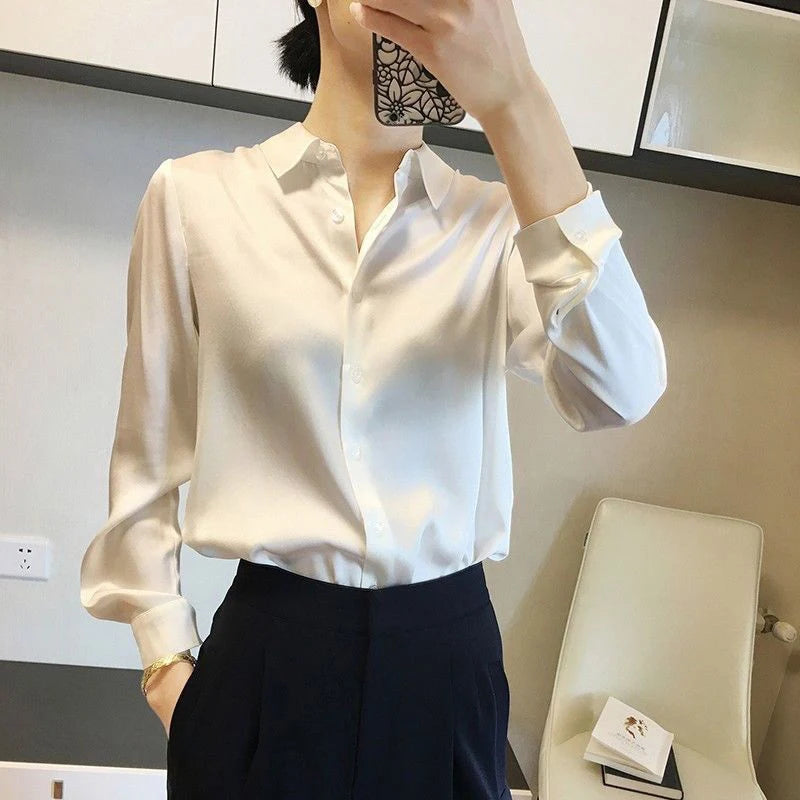 French Style Satin Solid Blouse