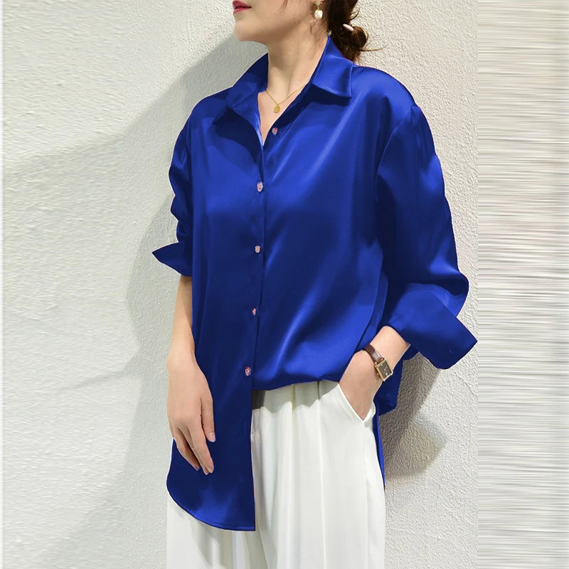 French Style Satin Solid Blouse