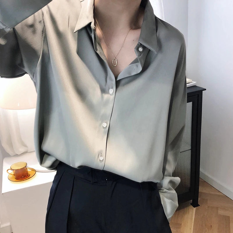 French Style Satin Solid Blouse