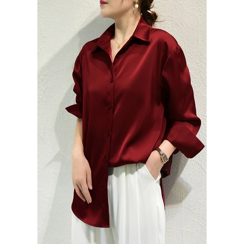 French Style Satin Solid Blouse
