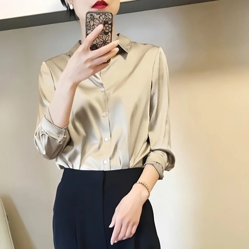 French Style Satin Solid Blouse