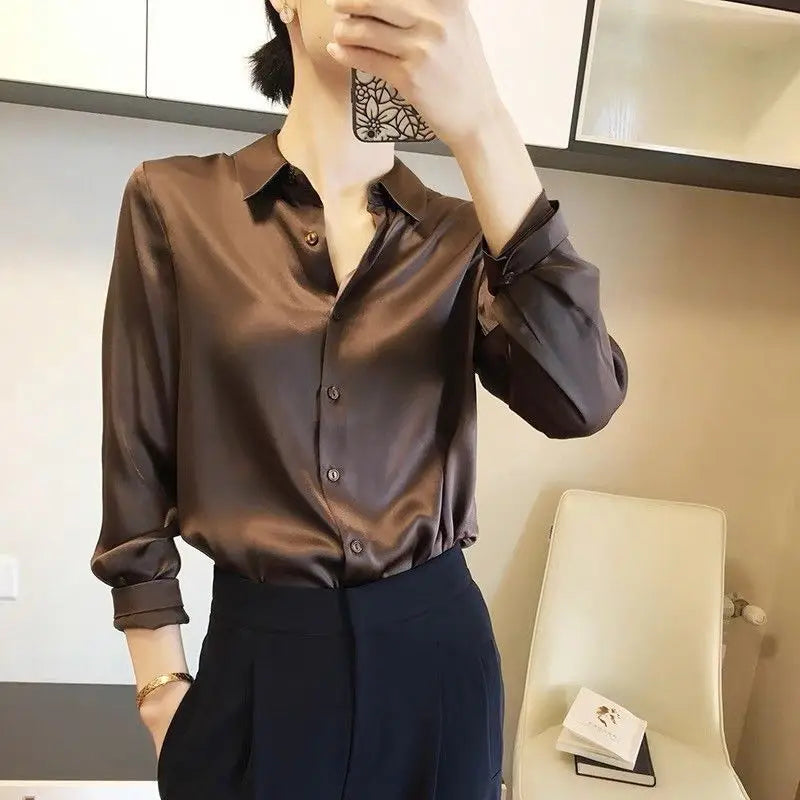 French Style Satin Solid Blouse