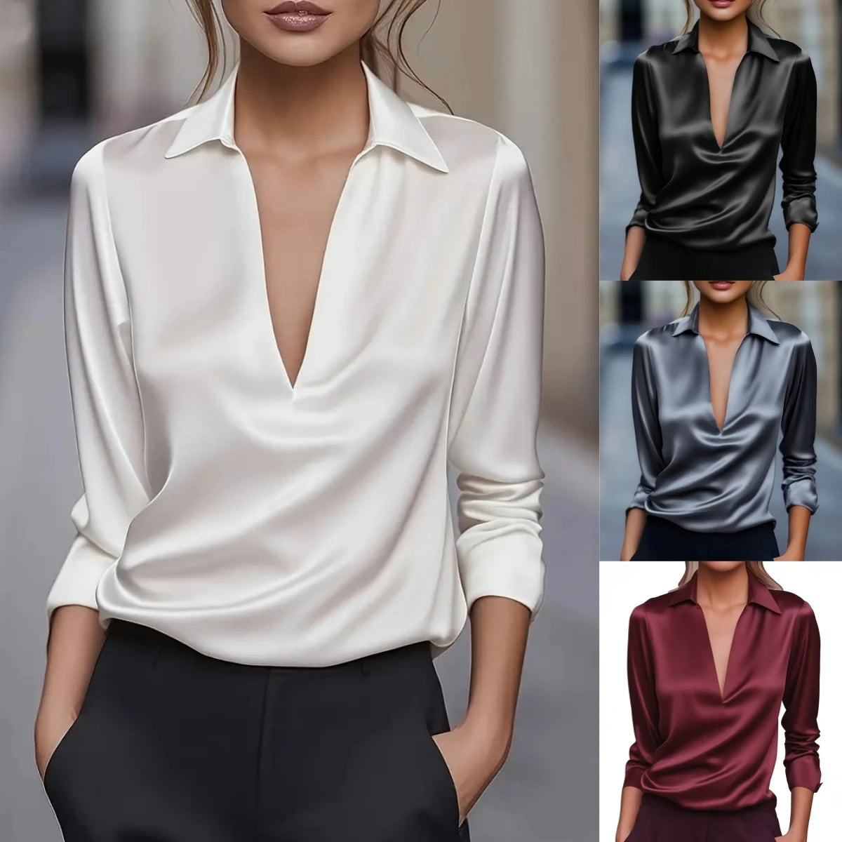 Dressy Satin Long Sleeve Blouse