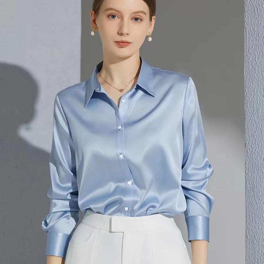French Style Satin Solid Blouse