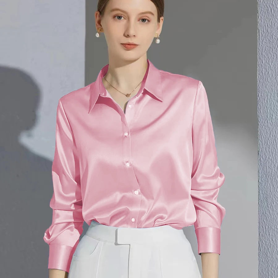 French Style Satin Solid Blouse
